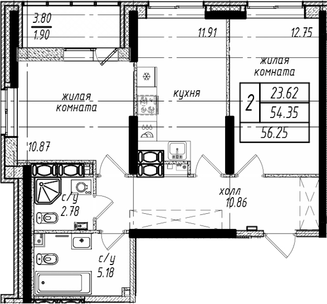 2-комнатная квартира 56.25 м², 25/25 эт., ЖК «Северная Долина»